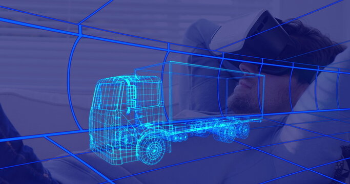 Image of 3d technical drawing of truck, over man at home wearing vr headset