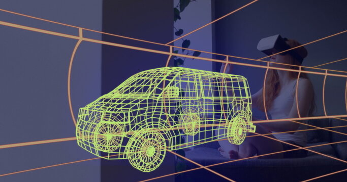 Image of 3d technical drawing of van, over woman at home wearing vr headset