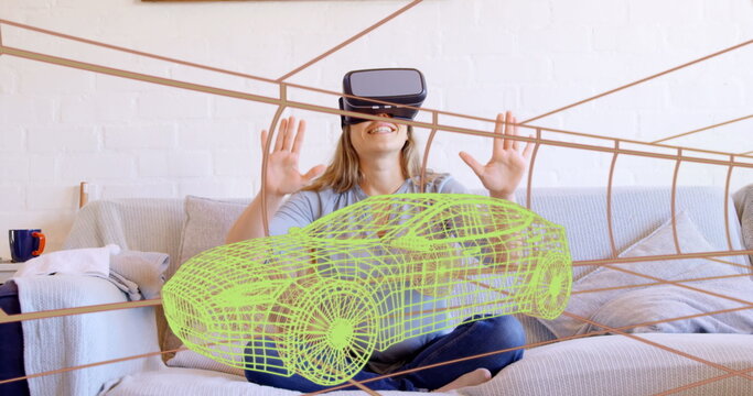 Image of 3d technical drawing of car, over woman at home wearing vr headset