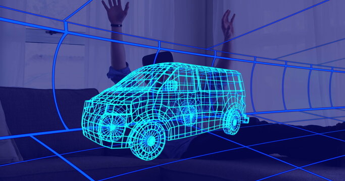 Image of 3d technical drawing of van, over man at home wearing vr headset - Powered by Adobe