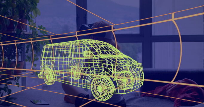 Image of 3d technical drawing of van, over woman at home wearing vr headset