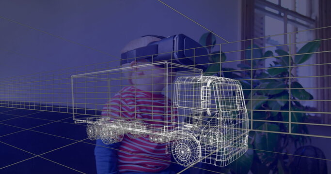 Image of 3d technical drawing of truck, over boy at home wearing vr headset