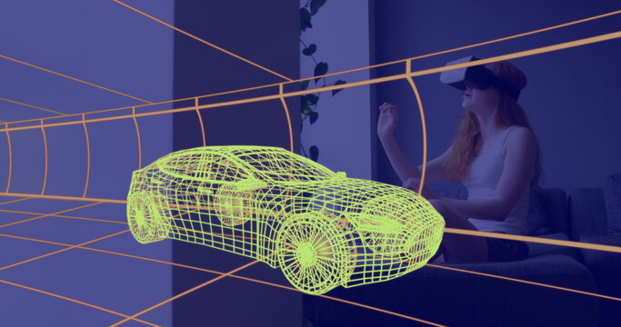 Image of 3d technical drawing of car, over woman at home wearing vr headset