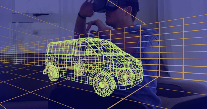 Image of 3d technical drawing of van, over man at home wearing vr headset