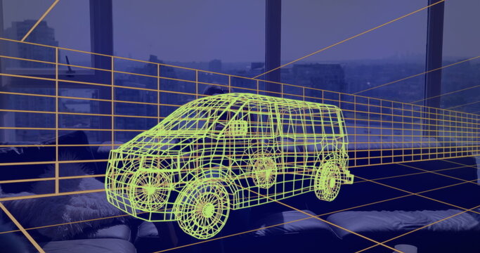 Image of 3d technical drawing of van, over man at home wearing vr headset