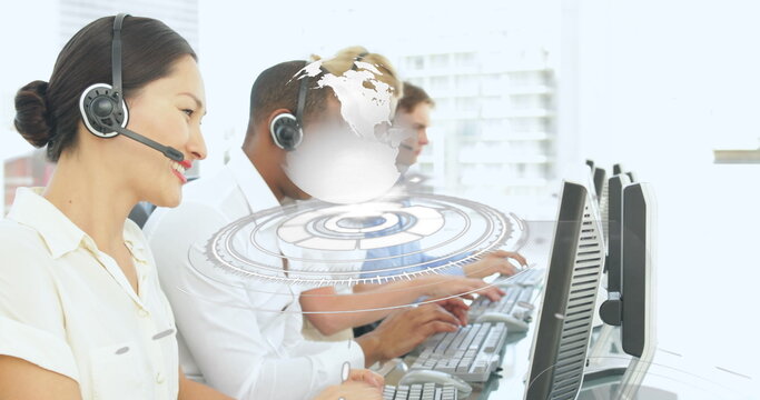 Image of network of connections over happy diverse office workers wearing headsets