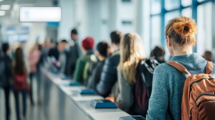 Fototapeta premium Airport passengers queueing, travel, check-in, background blur, transportation