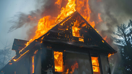 Obraz premium House engulfed in intense flames, dramatic inferno consuming structure