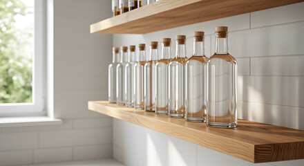 Row of Identical Glass Bottles on a Floating Oak Shelf Minimalist Aesthetic
