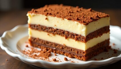 Close-up of rich, creamy tiramisu; visible layers and cocoa dusting , chocolate, layers, studio