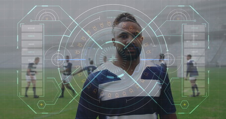 Image of digital interface with safe lock rotating over rugby players