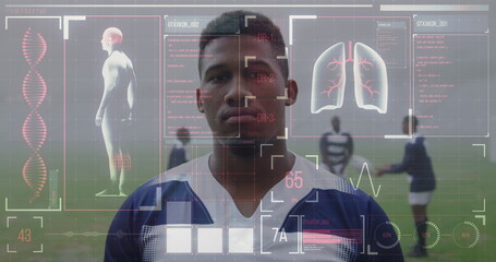 Image of digital interface with medical data processing over rugby players