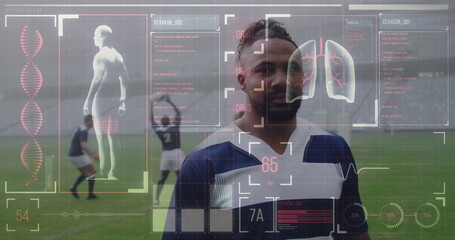 Image of digital interface with medical data processing over rugby players