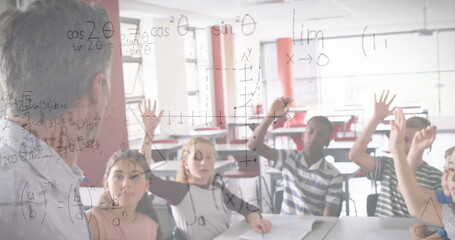 Image of mathematical equations over schoolchildren learning