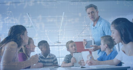 Image of mathematical equations over schoolchildren learning