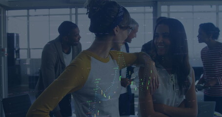 Image of financial data processing over business people in office