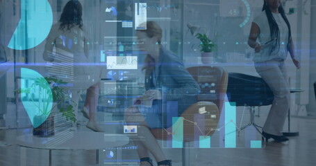 Image of financial data processing over business people in office