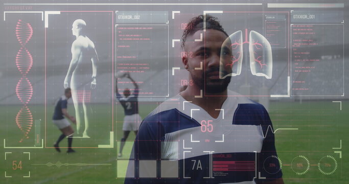 Image of digital interface with medical data processing over rugby players - Powered by Adobe