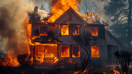 House engulfed in intense flames, smoke billowing from windows and roof
