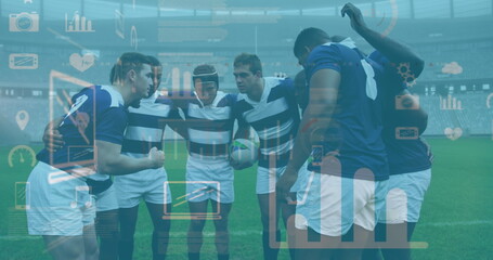 Image of statistics and icons over rugby players