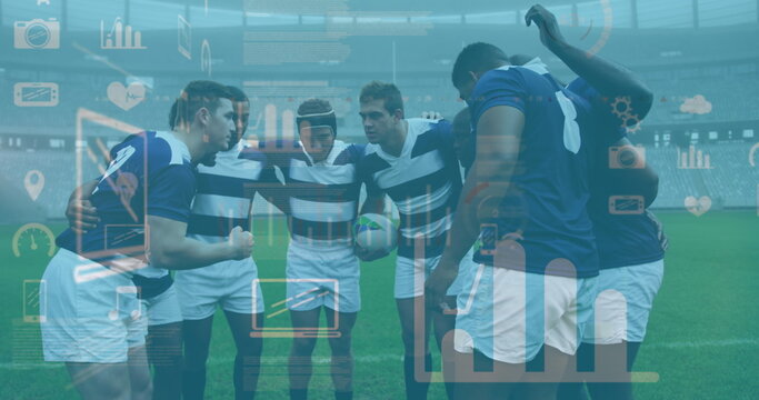 Image of statistics and icons over rugby players
