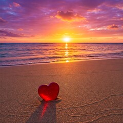 red glass heart on beach at sunset
