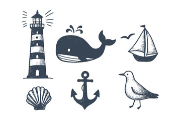 Set of sea icons: lighthouse, whale, anchor, shell, seagull, blue lines © Victoria