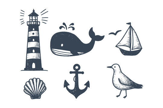 Set of sea icons: lighthouse, whale, anchor, shell, seagull, blue lines