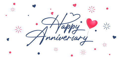 Happy Anniversary greeting card design featuring stylish navy blue calligraphy with red heart-shaped balloons and festive confetti. A romantic and elegant celebration post for couples and weddings.