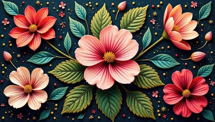 Bold, stylized floral motif on a textured tapestry background , trend, home decor