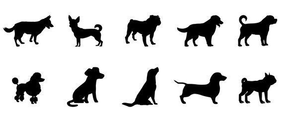Fototapeta premium Dog silhouettes vector illustration featuring various breeds, including small and large dogs in different poses. Perfect for graphic design, pet branding, and creative projects.