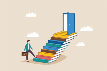 Education or learning for new opportunity, wisdom or knowledge to open door to success, solution, growth or career learning concept, businessman climb up book stack stair to reach opportunity door.
