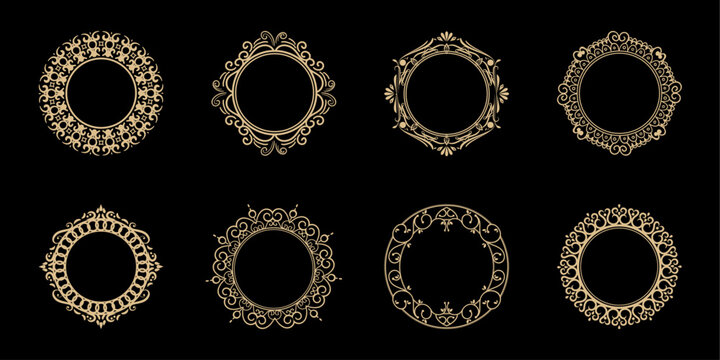 Elegant set of eight gold ornate frames with intricate vintage detailing. Ideal for luxury branding, wedding invitations, decorative borders, antique designs, and classic ornamental patterns.