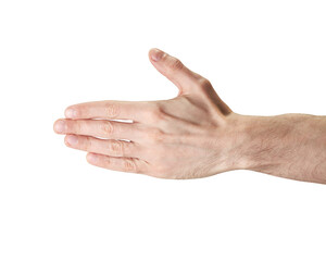 Close up of a male hand holding something isolated on a white background with clipping path.