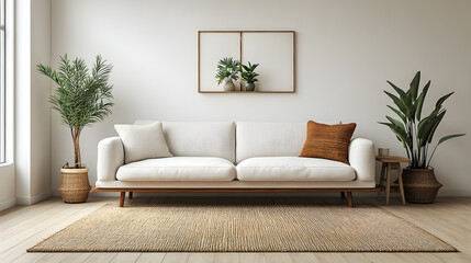 A modern Scandinavian home interior showcasing an elegant living room with a plush sofa, mid-century furniture, a soft cozy rug, sleek wooden flooring, crisp white walls, and lush indoor plants, creat