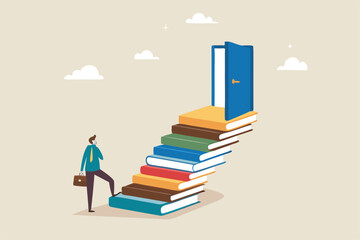 Education or learning for new opportunity, wisdom or knowledge to open door to success, solution, growth or career learning concept, businessman climb up book stack stair to reach opportunity door.