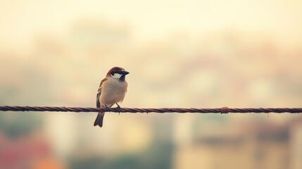 Sparrow perched on wire, urban background, sunrise. Peaceful nature image, website banner