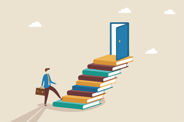 Education or learning for new opportunity, wisdom or knowledge to open door to success, solution, growth or career learning concept, businessman climb up book stack stair to reach opportunity door.