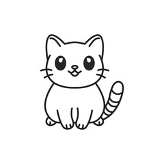 Cute black and white cat illustration in a simple cartoon style. This vector features a happy sitting kitty with big eyes and a striped tail, ideal for coloring books, stickers and posters.