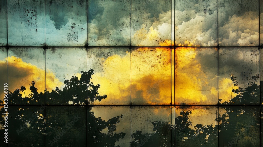 Poster sunset reflected in a gridded, weathered surface, showing trees and dramatic clouds.
