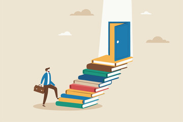 Education or learning for new opportunity, wisdom or knowledge to open door to success, solution, growth or career learning concept, businessman climb up book stack stair to reach opportunity door.