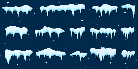 Set of cartoon icy snow caps and icicles in winter theme. Frozen snowy elements for UI design, game assets, winter decorations, frozen landscapes, winter-themed banners, and seasonal graphics.