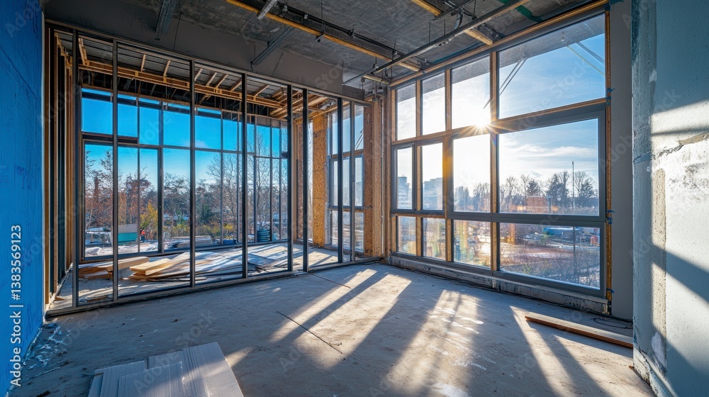 Poster sunlit empty room under construction with large windows, showing framework, walls, and flooring.
