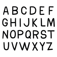 Hand drawn cartoon black english alphabet on white background.