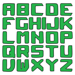 Hand drawn cartoon green english alphabet on white background.
