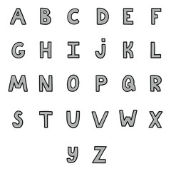 Hand drawn cartoon gray english alphabet on white background.