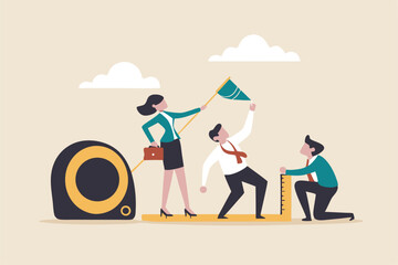 Measure employee performance, evaluation or assessment, staff improvement or success level, appraisal, goal and achievement concept, businessman manager measure employee success with measuring tape.