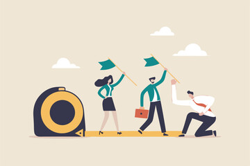 Measure employee performance, evaluation or assessment, staff improvement or success level, appraisal, goal and achievement concept, businessman manager measure employee success with measuring tape.