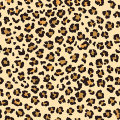 Seamless leopard print pattern with classic brown and black spots on a beige background. Perfect for textiles, wallpapers, fashion, graphic design, branding, digital projects, and stylish backgrounds.