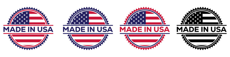Made in USA badge design featuring American flag, circular certification seal, premium product label, official approval stamp, patriotic emblem, vector insignia, and quality assurance symbol.